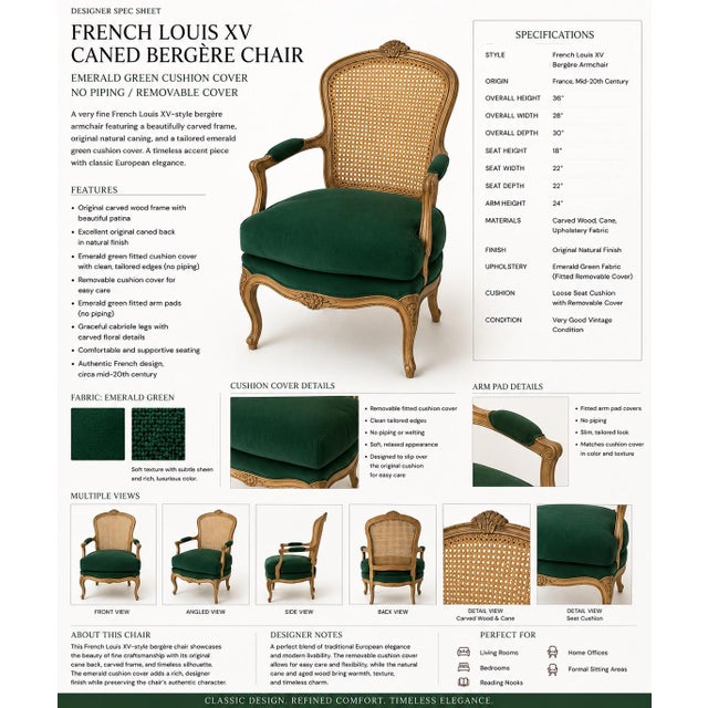 A beautifully proportioned French Louis XV–style bergère armchair featuring an original carved wood frame, elegant...