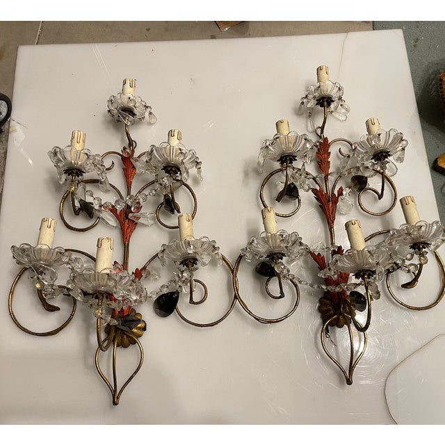 Large Florentine Tole Crystal Sconces, 1950s, Set of 2 For Sale - Image 16 of 17