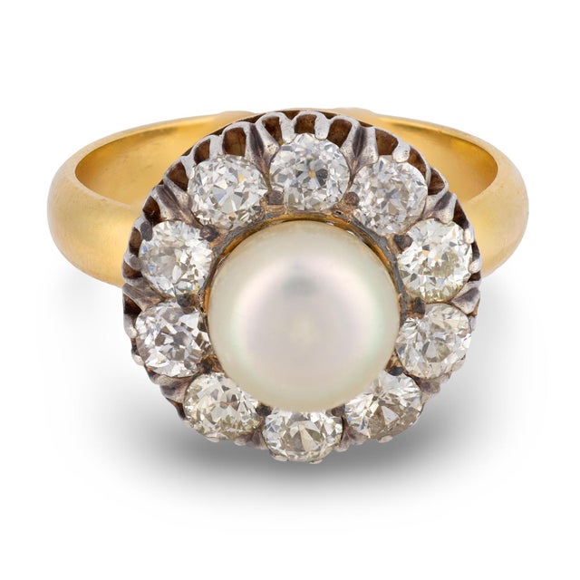 Victorian Antique Diamond Natural Pearl 18k Yellow Gold Silver Cluster Ring, Size 7.75 For Sale - Image 3 of 6