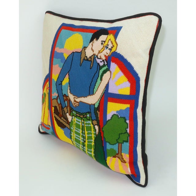 Retro Couple Sporty Scene Needlepoint Pillow, c.1970 For Sale - Image 9 of 10