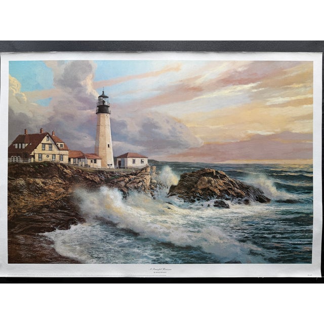 1997 "A Peaceful Horizon" by Nenad Mirkovich, Open Edition, Reproduction 36x24 Lighthouse rocky waves, FEELS LIKE CANVAS....