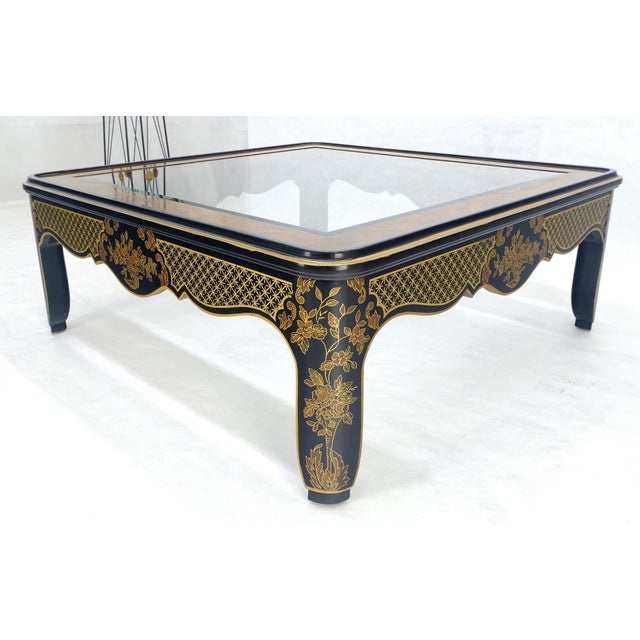 Drexel Gold Paint & Black Lacquer Base Burl Wood & Glass Top Coffee Table MINT For Sale - Image 10 of 14