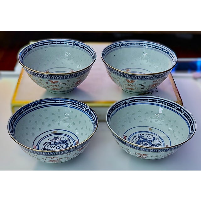 1970s Chinese Porcelain Rice Grain Dragon Gold Gilded Rim 5" Rice Bowls - Set of 4 For Sale - Image 11 of 12