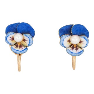 Early 20th Century Antique Enamel Pansy Earrings Art Nouveau 14k Yellow Gold Larter & Sons Vintage- Set of 2 For Sale