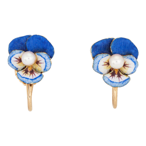Early 20th Century Antique Enamel Pansy Earrings Art Nouveau 14k Yellow Gold Larter & Sons Vintage- Set of 2