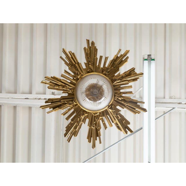 Metal Pair of Gilt Bronze Midcentury Sunburst Light Fixtures with Frosted Glass For Sale - Image 7 of 12