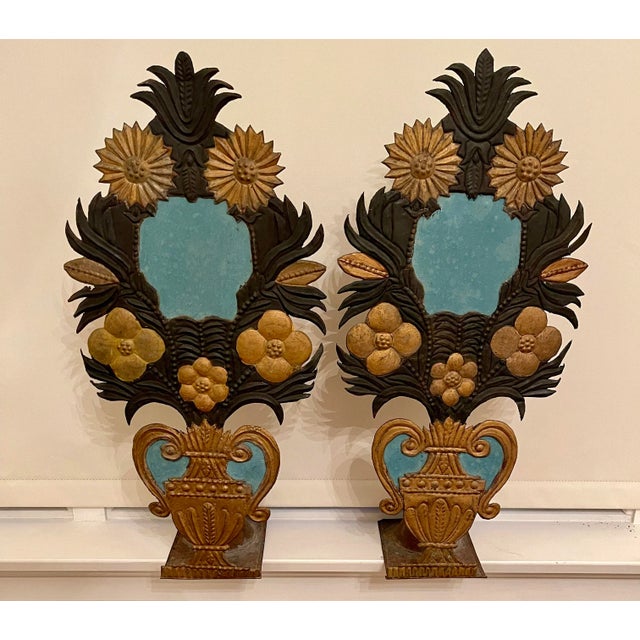 19th Century French Art Deco Painted Tole Metal Altar Flowers - a Pair For Sale - Image 4 of 6