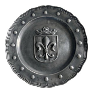 Mid-20th Century Large 15" Belgian Pewter Charger Platter With Crowned Fleur-De-Lis For Sale
