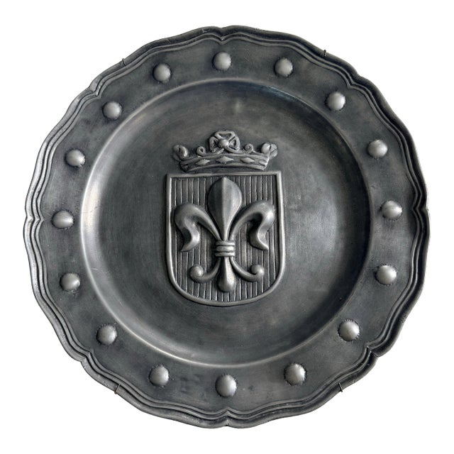 Mid-20th Century Large 15" Belgian Pewter Charger Platter With Crowned Fleur-De-Lis For Sale