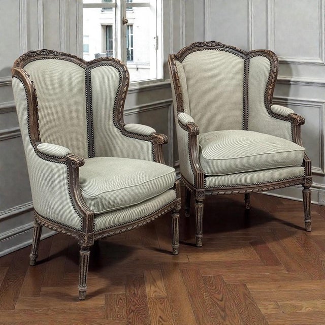 Pair Antique Louis XVI Style French Bergères ~ Armchairs in Walnut were designed with the refined symmetry, restraint, and...