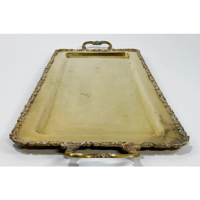 Metal Vintage Large Scrolled Edge Handled Brass Tray For Sale - Image 7 of 11