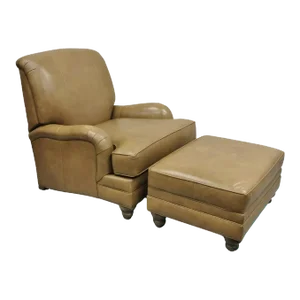 Ethan Allen Oxford Leather Brown Recliner Club Lounge Chair and Ottoman