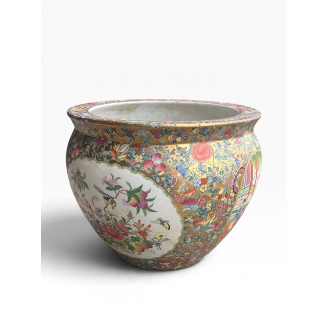 Late 20th Century Vintage Chinese Famille Rose Gilt Porcelain Fishbowl Planter With Floral and Bird Motifs For Sale - Image 5 of 14
