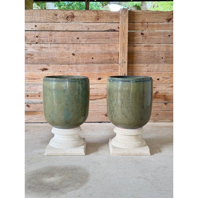 Large Green Drip Glaze Ceramic Planters on Cast Stone Pedestals-Pair For Sale - Image 11 of 12