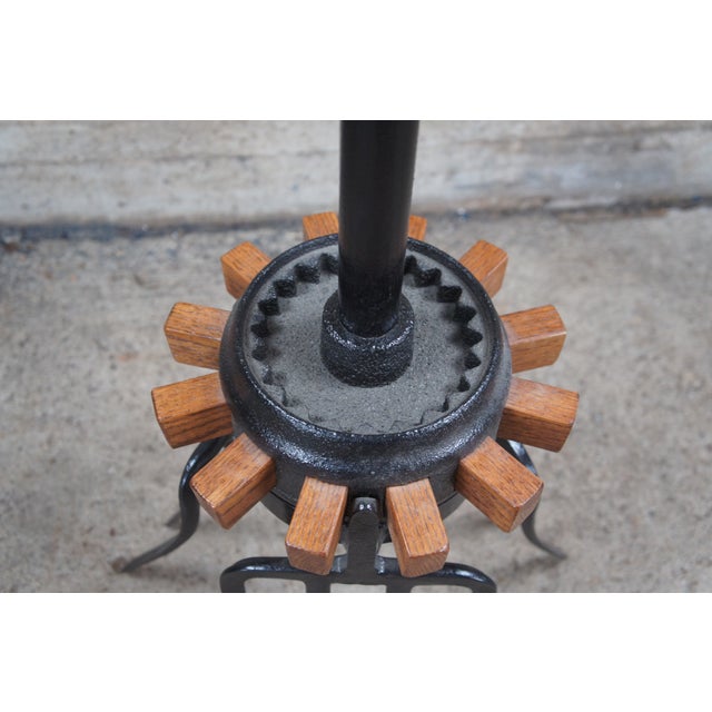 Late 20th Century Handmade Oak Industrial Reclaimed Cast Iron Wagon Wheel Pitchfork Bistro Table For Sale - Image 5 of 12