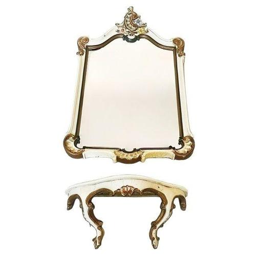 Brown Mid-Century Italian Baroque Style Cream and Gilt Crackled Mirror and Wall Console, 1950s, Set of 2 For Sale - Image 8 of 14