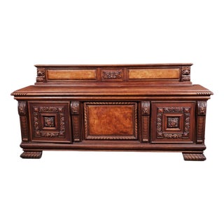 Mid 20th Century Monumental Carved Baroque Style Credenza With Figured Wood Panels — 102″ Wide For Sale