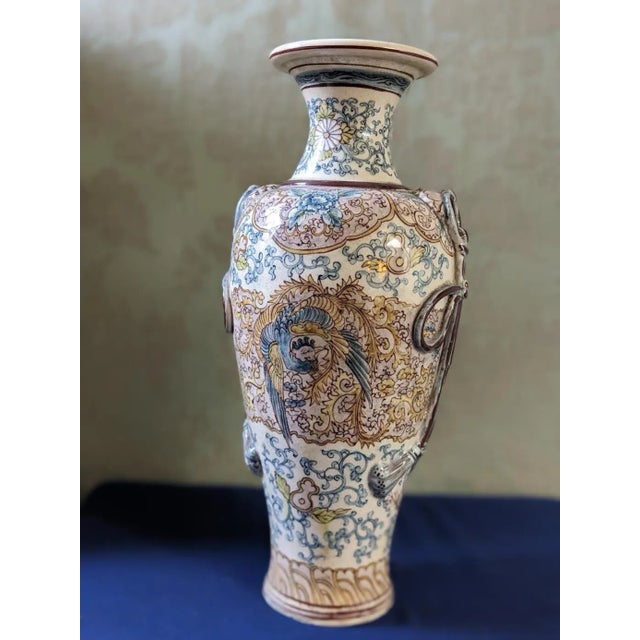 Blue Antique Japanese Painted and Enameled Vase With Mark, Decorated With Phoenix Birds For Sale - Image 8 of 8