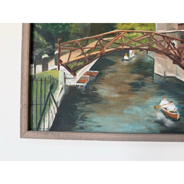Wood 1982 N. Cianfrani “Canal Village” Landscape Oil on Canvas Painting, Framed For Sale - Image 7 of 10
