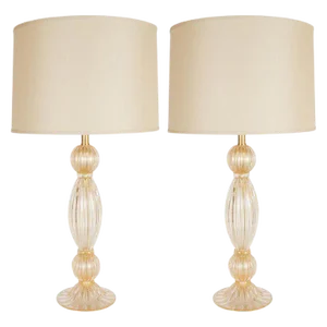 Modernist Reeded Translucent Glass With 24-Karat Gold Flecks Table Lamps - a Pair