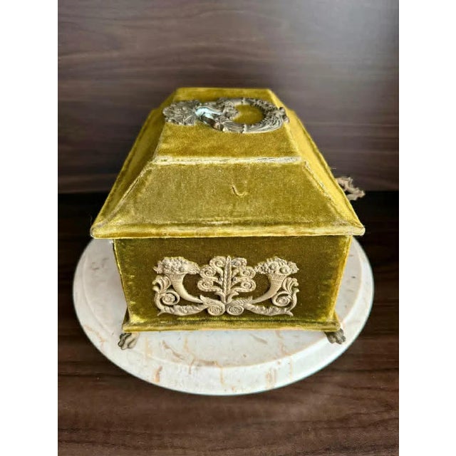 Antique Victorian Jewelry Box “Boudoir” or Sewing Box in Mustard/ Golden/ Green Velvet, Inside Blue Silk From the Early 20th Century For Sale In Los Angeles - Image 6 of 10