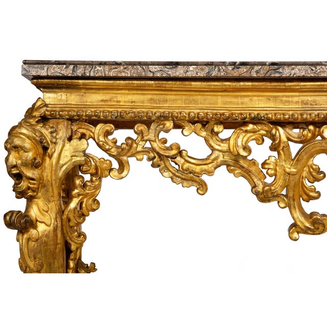 Rare Italian Rococo Giltwood Fossilized Marble Console Table Ca. 1750 For Sale - Image 11 of 18