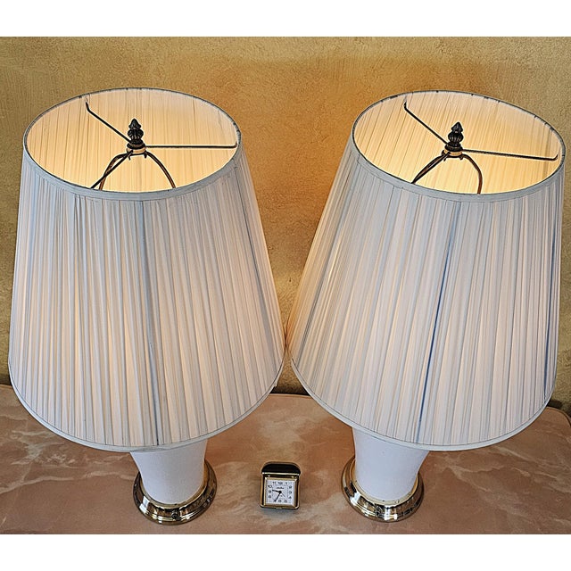 Pair of Vintage White Ceramic Urn Form Table Lamps With Gold Bases and Pleated Shades For Sale - Image 13 of 18