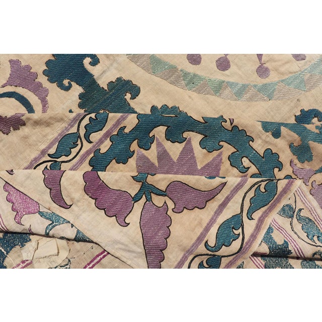 Antique Uzbekistan Suzani Textile With Medallion and Floral Vine Embroidery For Sale - Image 16 of 17
