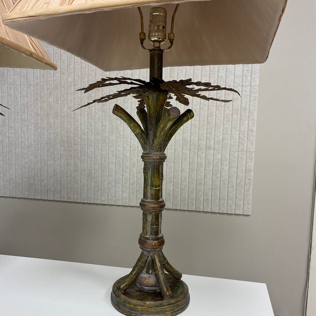 Madison Jansen style pair of lamps with distressed multi-toned patina with textured shades