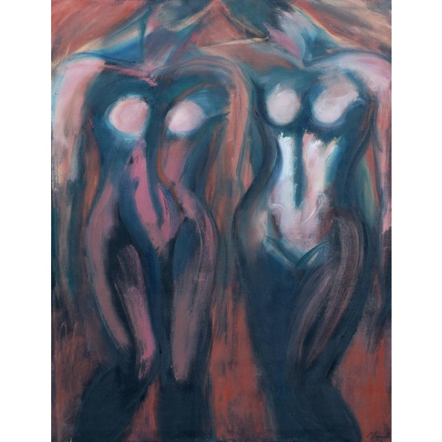 Vintage modernist abstract painting of stylized female nudes. Oil on canvas, presented in a minimalist stained wood strip...