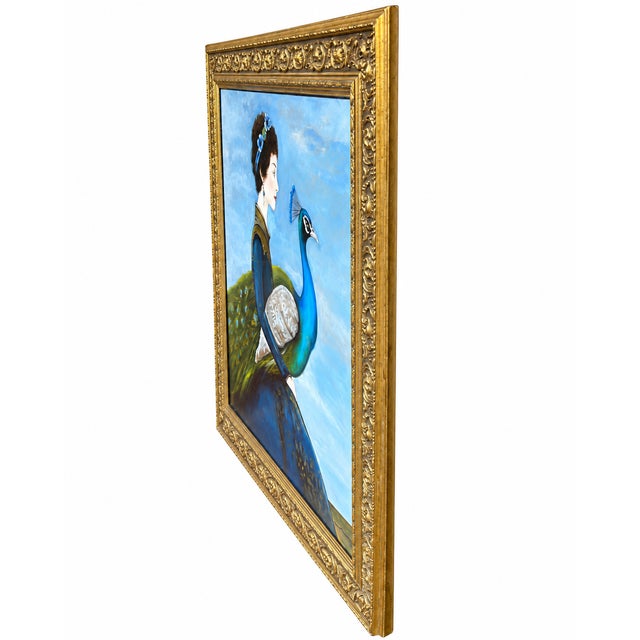 Figurative Vintage Painting of Woman With Peacock in Ornate Gold Frame – Contemporary Figurative Art For Sale - Image 3 of 6