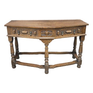 Vintage English Oak 2 Drawer Console Table With Shaped Front For Sale