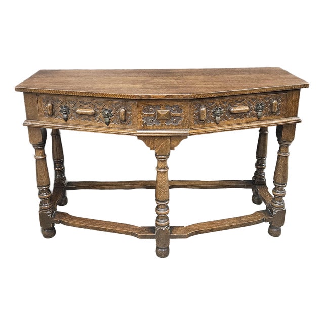 Vintage English Oak 2 Drawer Console Table With Shaped Front For Sale