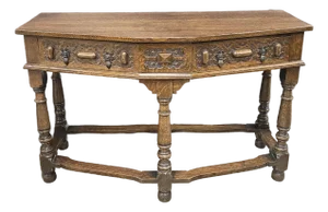 Vintage English Oak 2 Drawer Console Table With Shaped Front