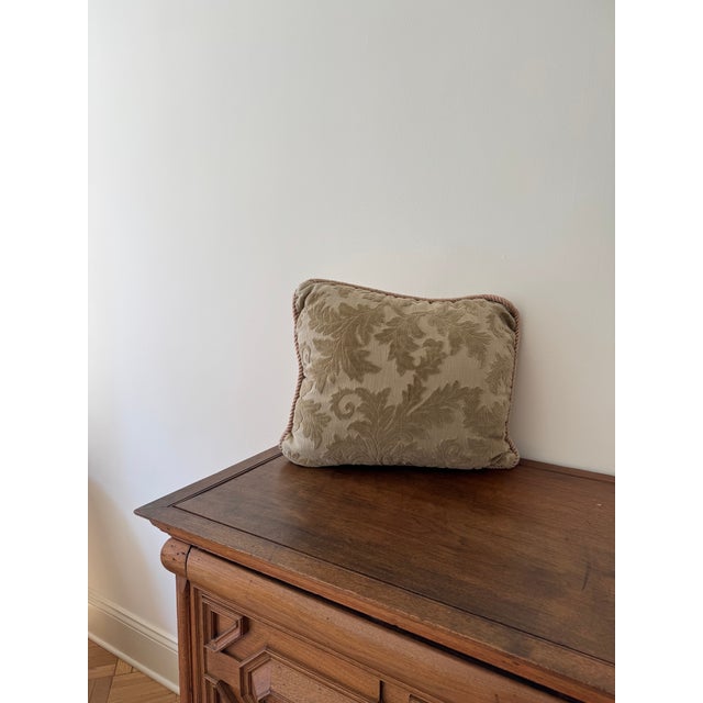 English Vintage Floral Cut Velvet Accent Pillow With Blush Cord Trim For Sale - Image 3 of 5