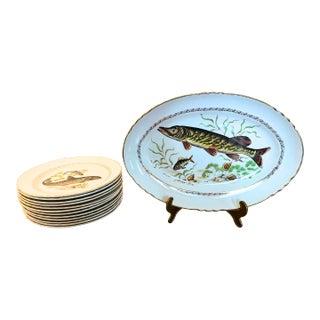 Circa 1930 French Porcelain Dinner Fish Set for 12- 13 Pieces For Sale