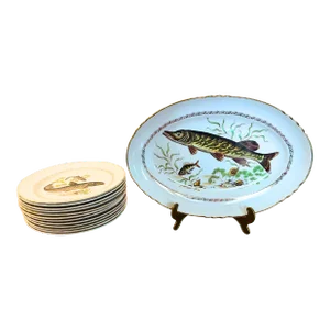Circa 1930 French Porcelain Dinner Fish Set for 12- 13 Pieces