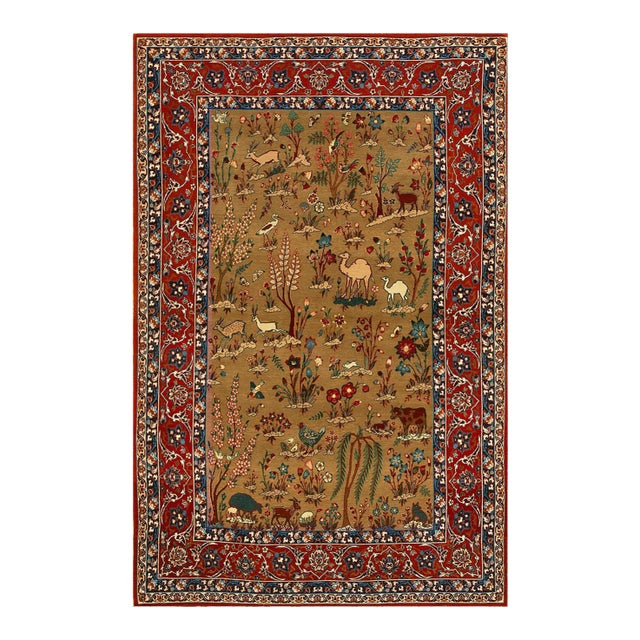 1930s Tan Camel Floral Animal Antique Persian Isfahan Rug 3' 4'' X 5' 2'' Handknotted Wool Carpet For Sale