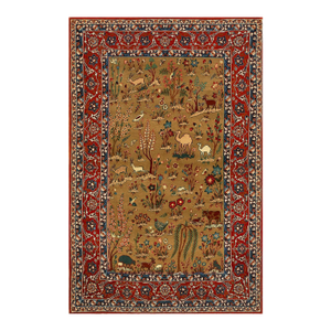 1930s Tan Camel Floral Animal Antique Persian Isfahan Rug 3' 4'' X 5' 2'' Handknotted Wool Carpet