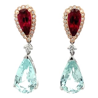 18k Gold Dangle Earrings With Aquamarine Rubellite and Diamonds, A Pair For Sale