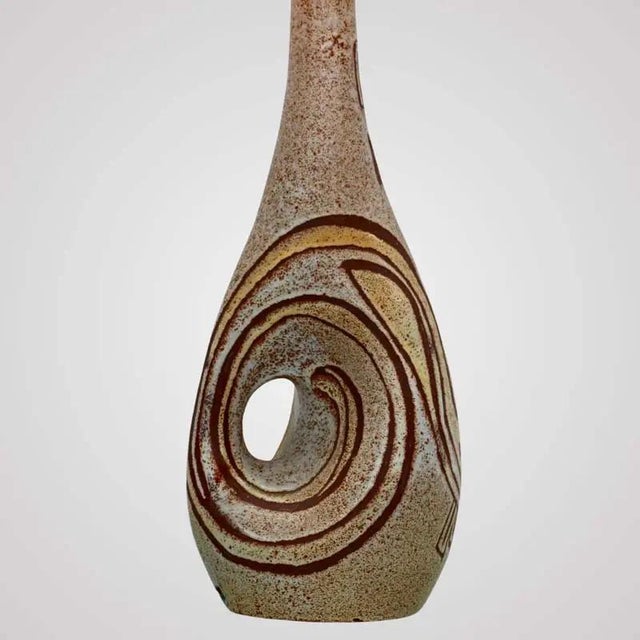Accolay Ceramic Lamp with Brown Decoration on Background of Crisp Yellow and Cream Glaze, France, 1960s For Sale - Image 3 of 5
