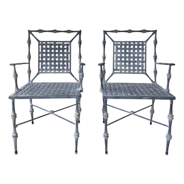 Vintage Neoclassical Phyllis Morris Faux Bamboo Patio Set Armchairs in Original Patina Gray Black Finish, a Pair For Sale