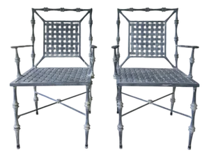 Vintage Neoclassical Phyllis Morris Faux Bamboo Patio Set Armchairs in Original Patina Gray Black Finish, a Pair