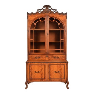 Romweber French Provincial Louis XV Burl Wood Breakfront Bookcase Cabinet, Circa 1920s For Sale
