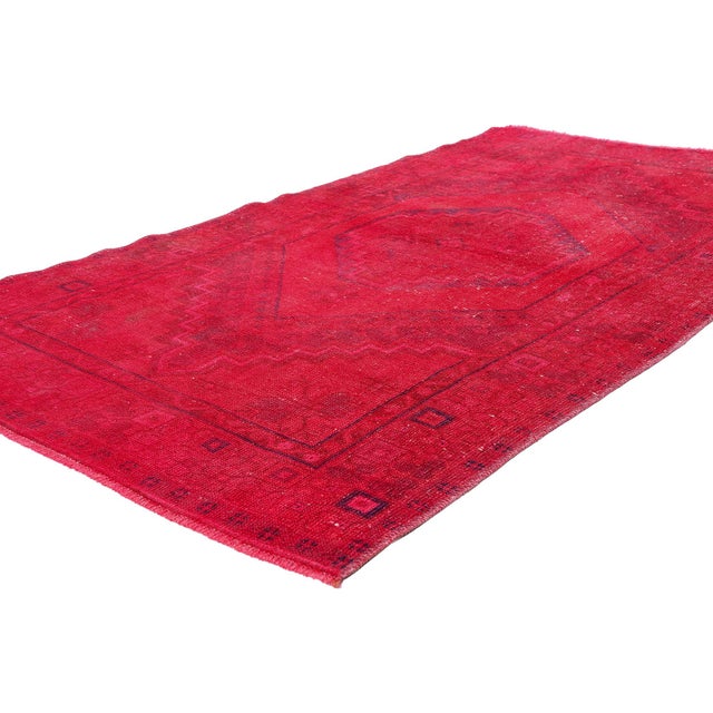 54056 Vintage Turkish Overdyed Oushak Rug, 03'07 x 06'07. The Crimson Cipher: A Vintage Overdyed Turkish Masterpiece of...