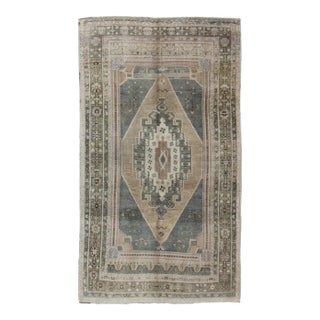 Vintage Oushak in Gray Green, Beige, Camel Background and Light Green Border For Sale