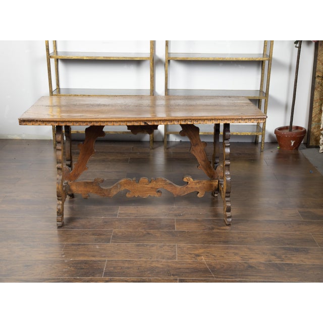 19th Century Italian Baroque Style 19th Century Walnut Table with Carved Trestle Base For Sale - Image 5 of 12