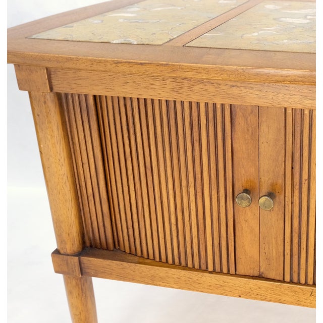 Brown Pair Tomlinson Tambour Door Fossil Marble Top Side End Night Stands Tables Mint! For Sale - Image 8 of 14