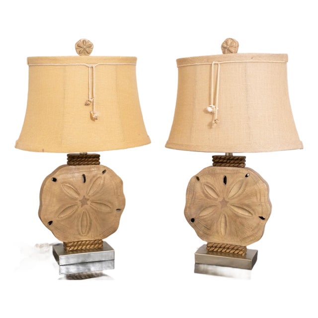 Pair of Sea Shore Beach Sand Dollar Rope Lamps W/ Shades For Sale