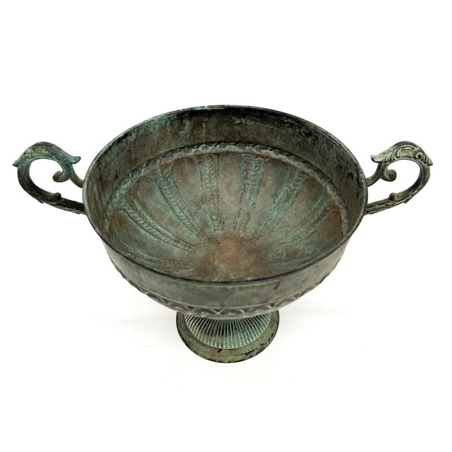 Neoclassical Vintage Verdigris Brass Urn With Scroll Handles on Pedestal Base - Neoclassical, Traditional, Classical For Sale - Image 3 of 12